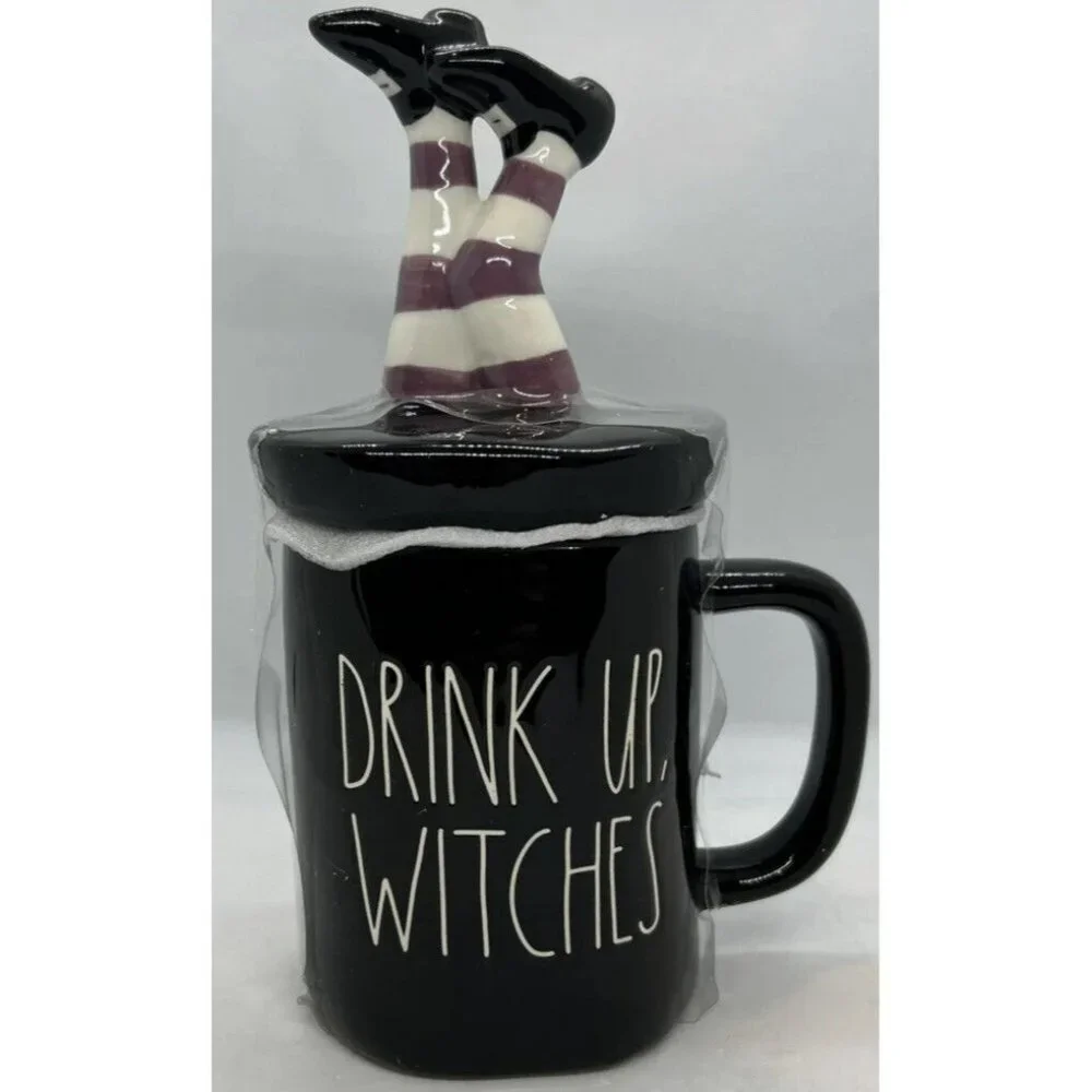 Rae Dunn Mug DRINK UP‎ WITCHES Witch Legs Figural Topper Lid Black Halloween